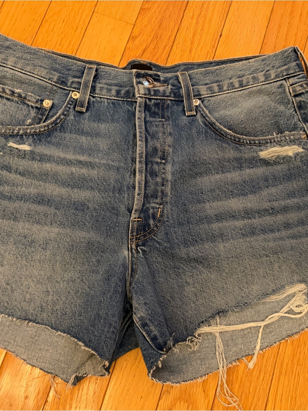 Edwin Distressed Denim Cutoff Shorts - Blue